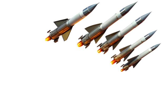 A group of missiles isolated on transparent background, representing military defense, technological warfare, and aerospace power