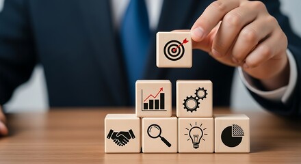 Business strategy concept with wooden blocks showing growth target partnership and success development