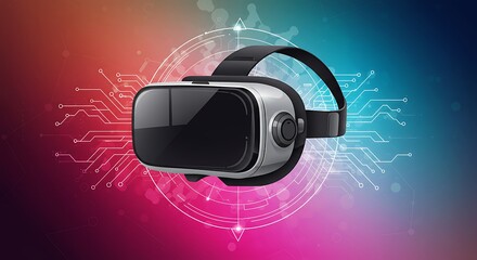 VR headset displayed with circuit board graphic overlay, representing virtual reality technology and digital connectivity.