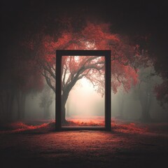 Dark forest scene framed by a black rectangle.  Crimson trees,  misty pathway