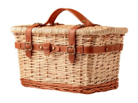 Classic woven wicker picnic basket with brown leather straps handle and buckle closures.