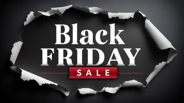 Background is made of torn white paper with folded edges revealing a matte black surface. On the black background, in large elegant white and red letters, is a modern Cyrillic inscription Black Friday