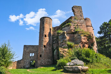 Neudahn Castle, Germany: A view of the ruins of Neudahn Castle, with its stone and red sandstone walls and two towers, set on a rocky outcrop surrounded by green grass and trees under a blue sky