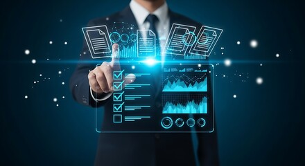 Businessman interacts with futuristic interface representing data analytics checklist documents and digital transformation in business operations