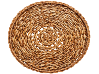 Round woven placemat made of natural straw with a rustic spiral pattern and braided edge.