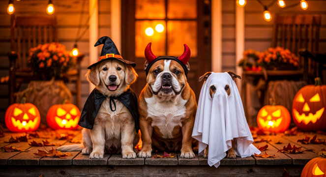 A group of dogs sitting in front of a decorated halloween house. Each dog wearing a spooky costumes a witch hat, demon horns and a sheet ghost.