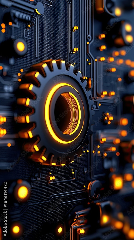 Aufkleber blueprint tasks operation close-up of a futuristic gear with illuminated circuit board design