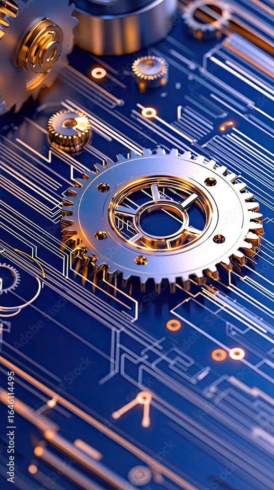 Aufkleber blueprint tasks operation intricate close-up of golden gears on a blue circuit board background