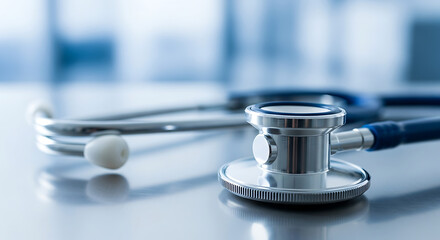 Photo of closeup of a stethoscope on a reflective surface
