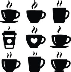 Obraz premium Black Silhouette Icon Set of Nine Coffee Cups with Rising Steam — Stylized Vector Grid Featuring Mugs, Takeaway Cups, and Heart Motif for Café, Beverage, or Morning Ritual Themes