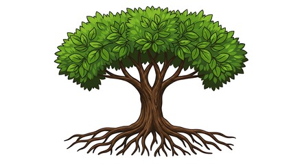 Illustration of a tree with a thick trunk, sprawling roots, and a full canopy of green leaves against a white background.