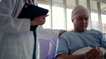 Sad patient man with cancer having bad news and disappointed of his negative result from oncologist doctor woman in the hospital room, illness and health awareness for life insurance.