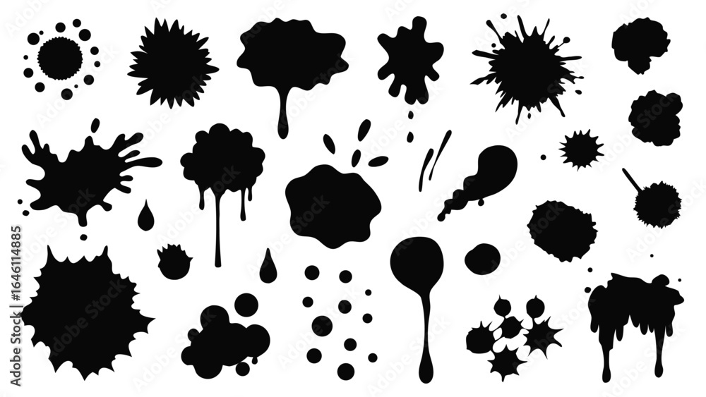Poster a series of black ink splatters, displaying unique forms and arrangements on a clean white surface..