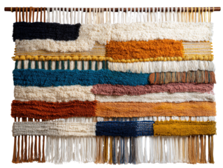 Textural woven wall hanging with an abstract color-block design in earthy tones of blue orange and yellow featuring fringe and varied weaving techniques.