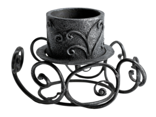 Ornate wrought iron candle holder with a textured finish and swirling decorative base.