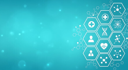 Photo of medical and healthcare concept with icons on blue background