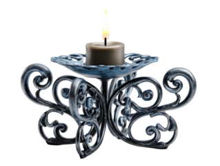 Lit grey pillar candle in an ornate distressed blue and silver metal holder with elaborate scrollwork.