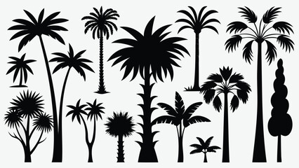 Dark silhouettes of palm trees outlined against a bright sunset, capturing a tranquil tropical landscape..eps