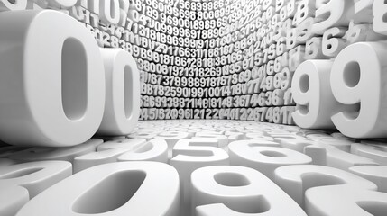 White 3D numbers fill a digital data tunnel, suggesting data processing, and information