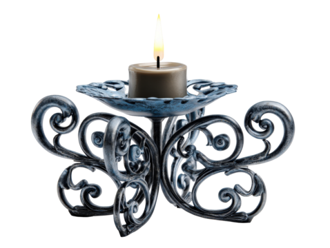 Lit grey pillar candle in an ornate distressed blue and silver metal holder with elaborate scrollwork.