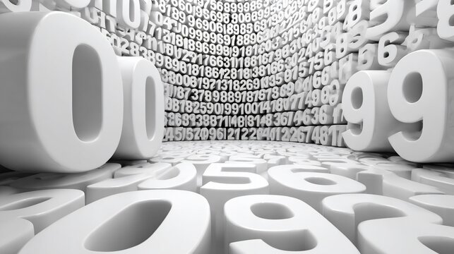 White 3D numbers fill a digital data tunnel, suggesting data processing, and information