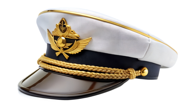 White captain hat with golden emblem isolated on transparent background is a stylish accessory for marine officer