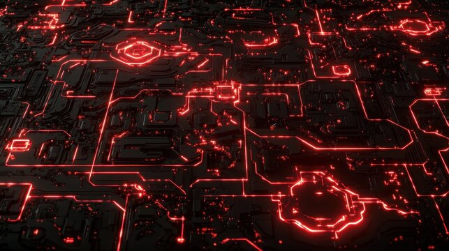 Futuristic glowing red circuit board design represents modern technology