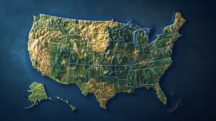 Detailed relief map of the united states showing elevation and state boundaries on a dark blue background