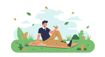 Flat illustration of a man enjoying picnic lunch in the park on a sunny day with sandwich