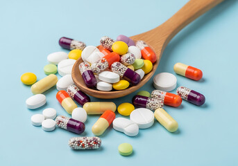 Photo of colorful pills and capsules in a wooden spoon on blue