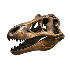 Naklejka premium Ancient Tyrannosaurus Rex skull specimen showcasing formidable teeth and intricate bone structure, a powerful symbol of prehistoric might and scientific discovery. Isolated to Transparent Background