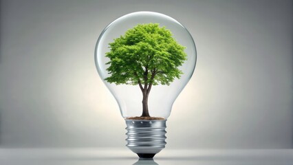 A vibrant green tree grows inside a clear glass light bulb symbolizing renewable energy and environmental sustainability