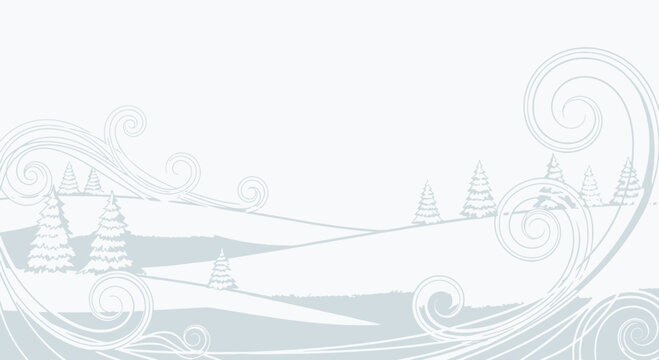 Elegant winter landscape vector background with stylized swirls and evergreen trees provides a serene and whimsical seasonal illustration
