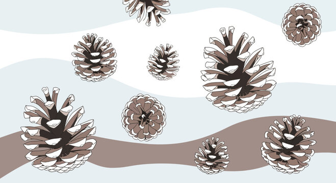 Elegant Winter Pine Cones Seamless Pattern on Soft Pastel Waves Background