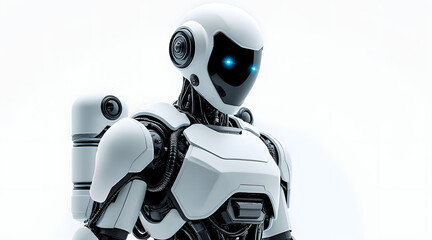 Futuristic humanoid robot with glowing blue eyes and white armor standing against white background, showcasing advanced technology and design