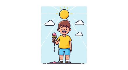 Naklejka premium Happy Young Boy Enjoys a Melting Ice Cream Cone Under a Sunny Sky