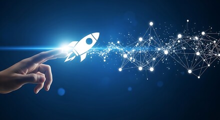 Human hand launches a rocket with a digital network on a blue background