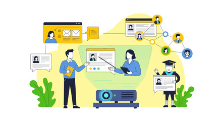 Engaging online education illustration featuring teachers students and virtual learning platforms demonstrating remote learning and connectivity