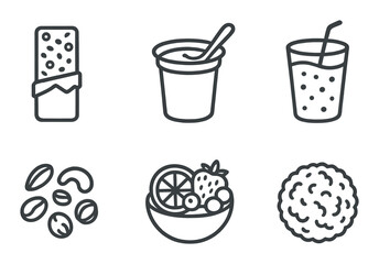 Delicious snack and drink icons: chocolate, yogurt, juice, nuts, fruits, rice