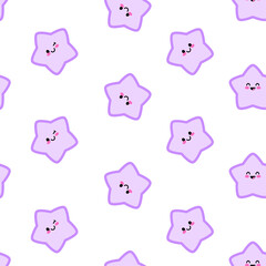 Seamless pattern with purple kawaii stars with happy face, funny emotion, smile. Good night children's, nursery vector illustration pajamas print.
