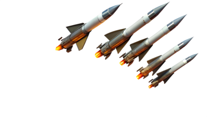 A group of missiles isolated on transparent background, ready to launch with fire and power for military defense