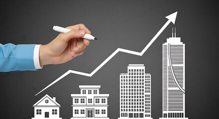Real estate market growth with hand drawing rising graph and buildings silhouette