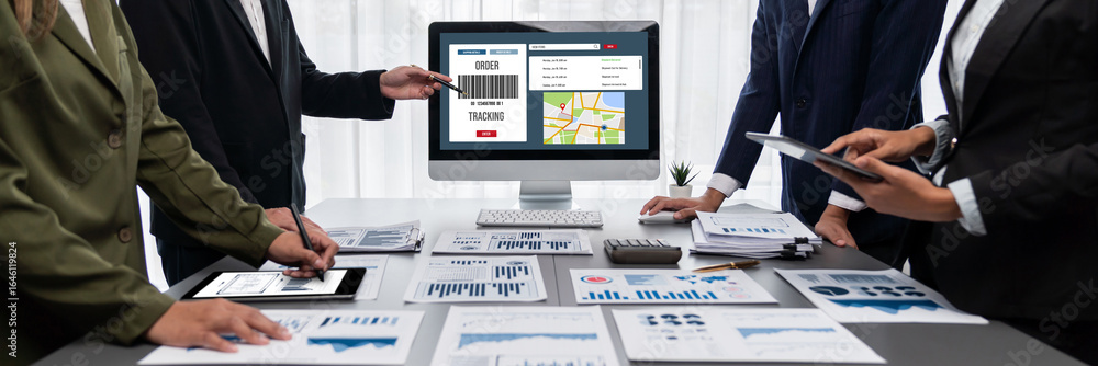 Poster panorama shot analyst team utilizing bi fintech to analyze financial report with laptop. businesspeo