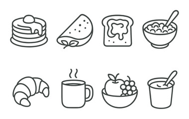 Monochrome breakfast icons: pancakes, taco, toast, cereal, croissant, coffee, fruit, yogurt