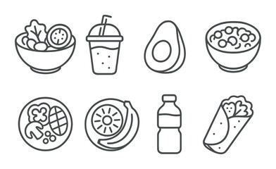 Minimalistic icons of healthy foods and beverages on dark background