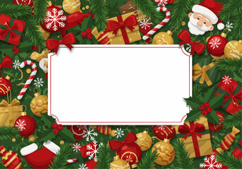 A festive holiday greeting card template featuring a blank invitation framework surrounded by traditional Christmas decorations.