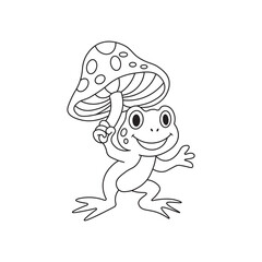 cute cartoon frog holding a large spotted mushroom, black and white vector outline illustration on white background