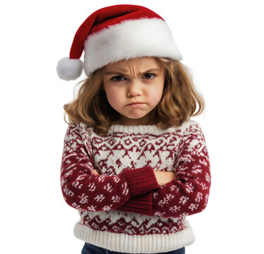 A grumpy girl with curly hair in a Santa hat, an unhappy child with a funny pout on the naughty list for Christmas