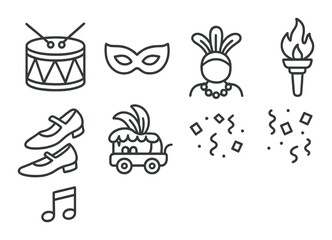Festive icons: drum, mask, headdress, torch, shoes, float, music notes, confetti