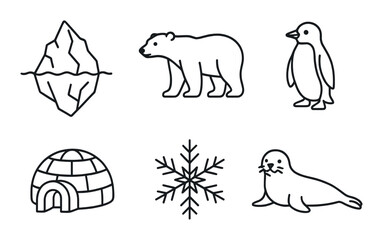 Arctic icons: iceberg, polar bear, penguin, igloo, snowflake, seal silhouettes